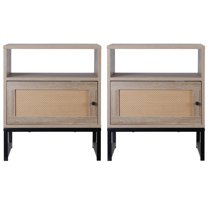 XiHuaZhaoChen Rattan Nightstand, Boho Night Stand with Open Storage Shelf & Rattan Decorative Door, Accent End Table with Metal Legs, Natural Wood Bedside Table for Bedroom Dorm 2PCS