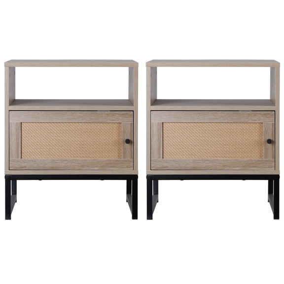 XiHuaZhaoChen Rattan Nightstand, Boho Night Stand with Open Storage Shelf & Rattan Decorative Door, Accent End Table with Metal Legs, Natural Wood Bedside Table for Bedroom Dorm 2PCS