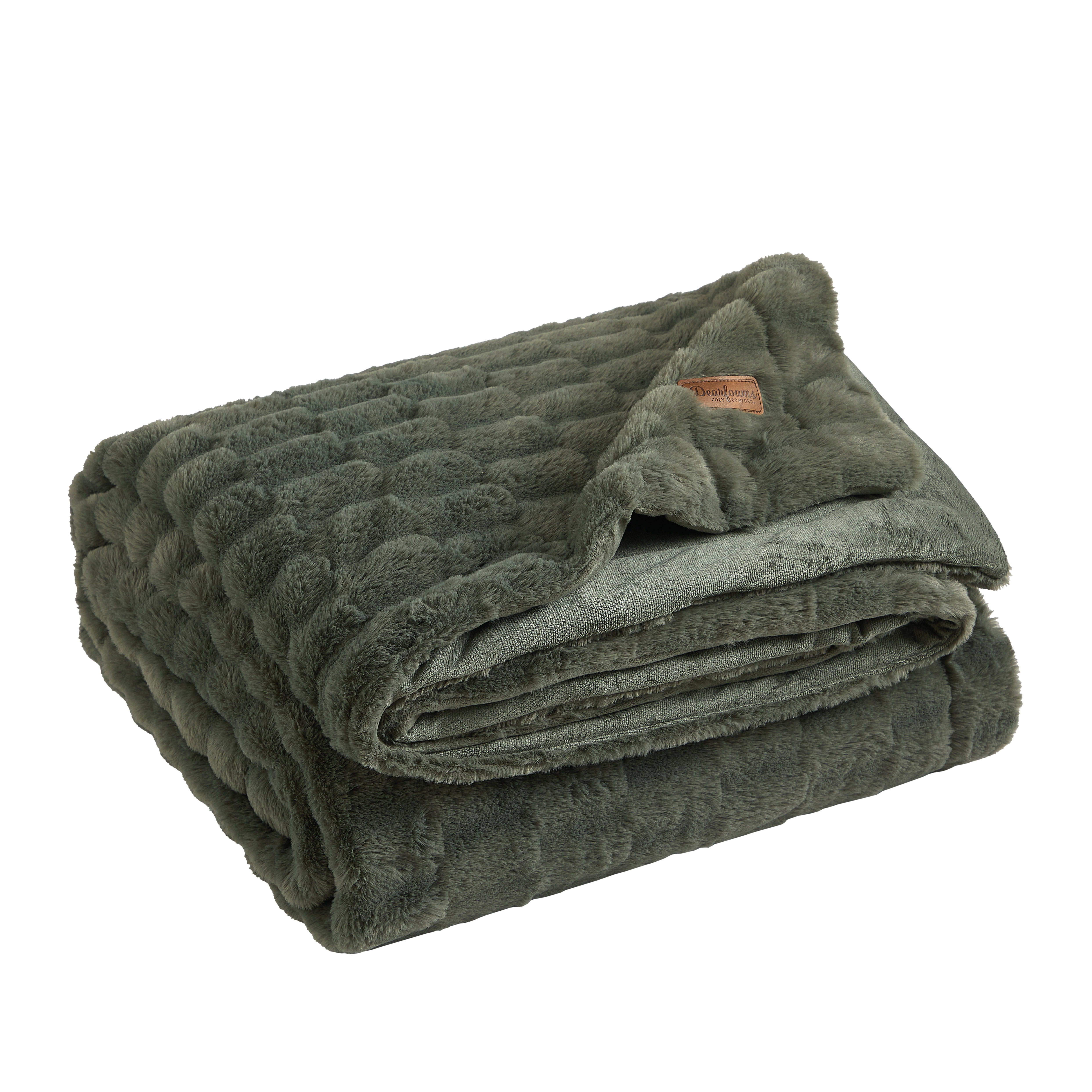 Dearfoams Textured Faux Fur Reversible Mink Bed Blanket, Green, Full/Queen, 90 x 90 in