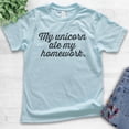 thumbnail image 2 of Kids My Unicorn Ate My Homework T-shirt, Youth Kids Boy Girl T-Shirt, Funny Unicorn T-shirt, Light Blue, Large, 2 of 4