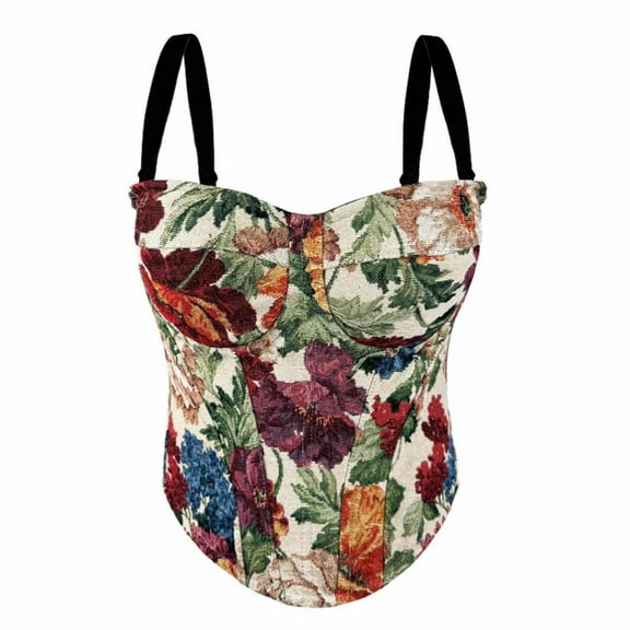 qolati Renaissance Corset Tops for Women Vintage Gothic Floral Strapless Corsets Crop Tops Slim Fit Vintage Bustier Shapewear Going Out Tops Beige L