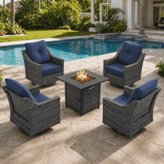 BelvaraHome 5-Piece PE Wicker Patio Set with Fire Pit Table, 4 Swivel Chairs & 6-inch Olefin Cushions, Gray/Blue