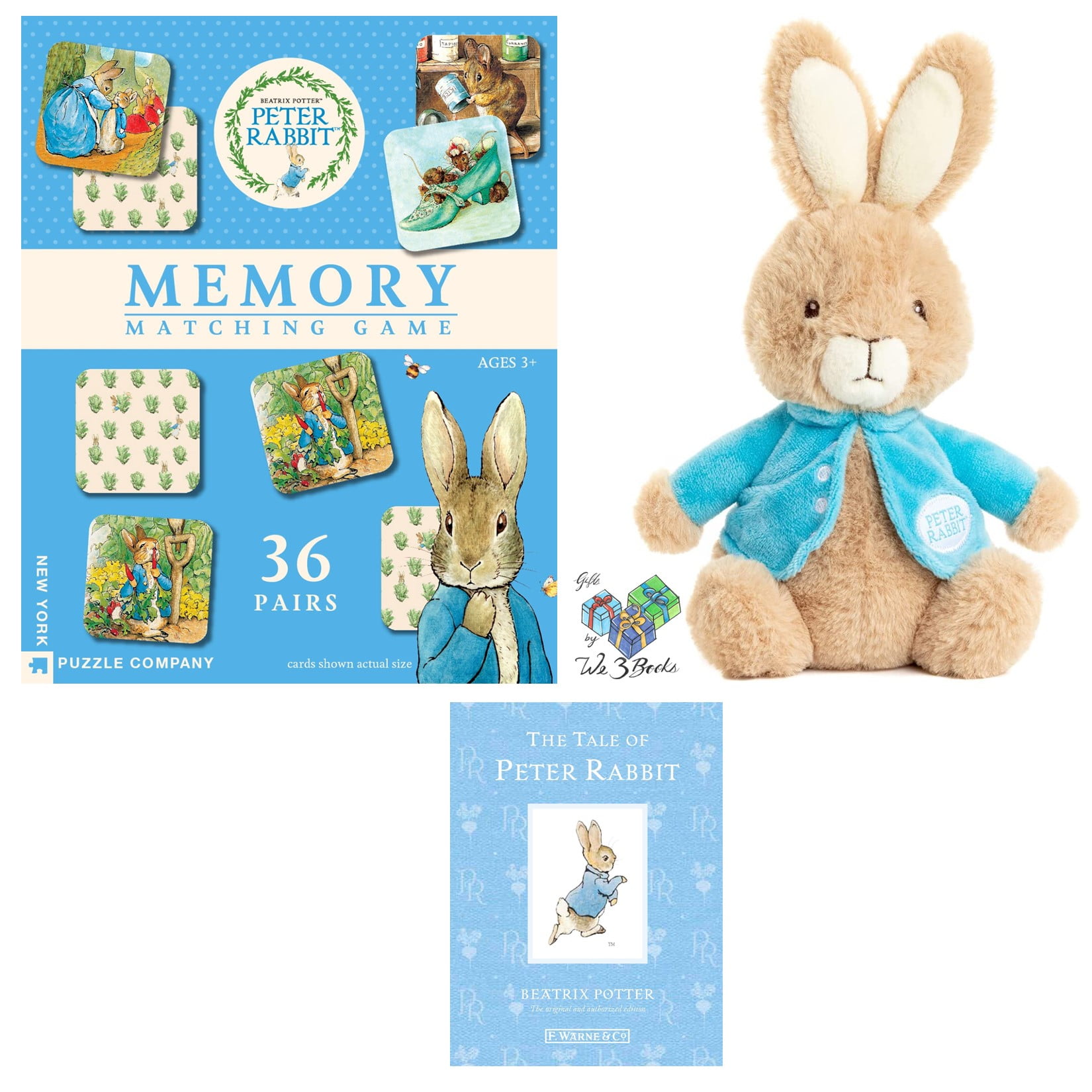 The Tale of Peter Rabbit by Beatrix Potter Hardcover Book, 9.5" Peter Rabbit Stuffed Animal Plush Bunny, and Peter Rabbit Memory Game (A Classic Educational Gift Set) Toddler