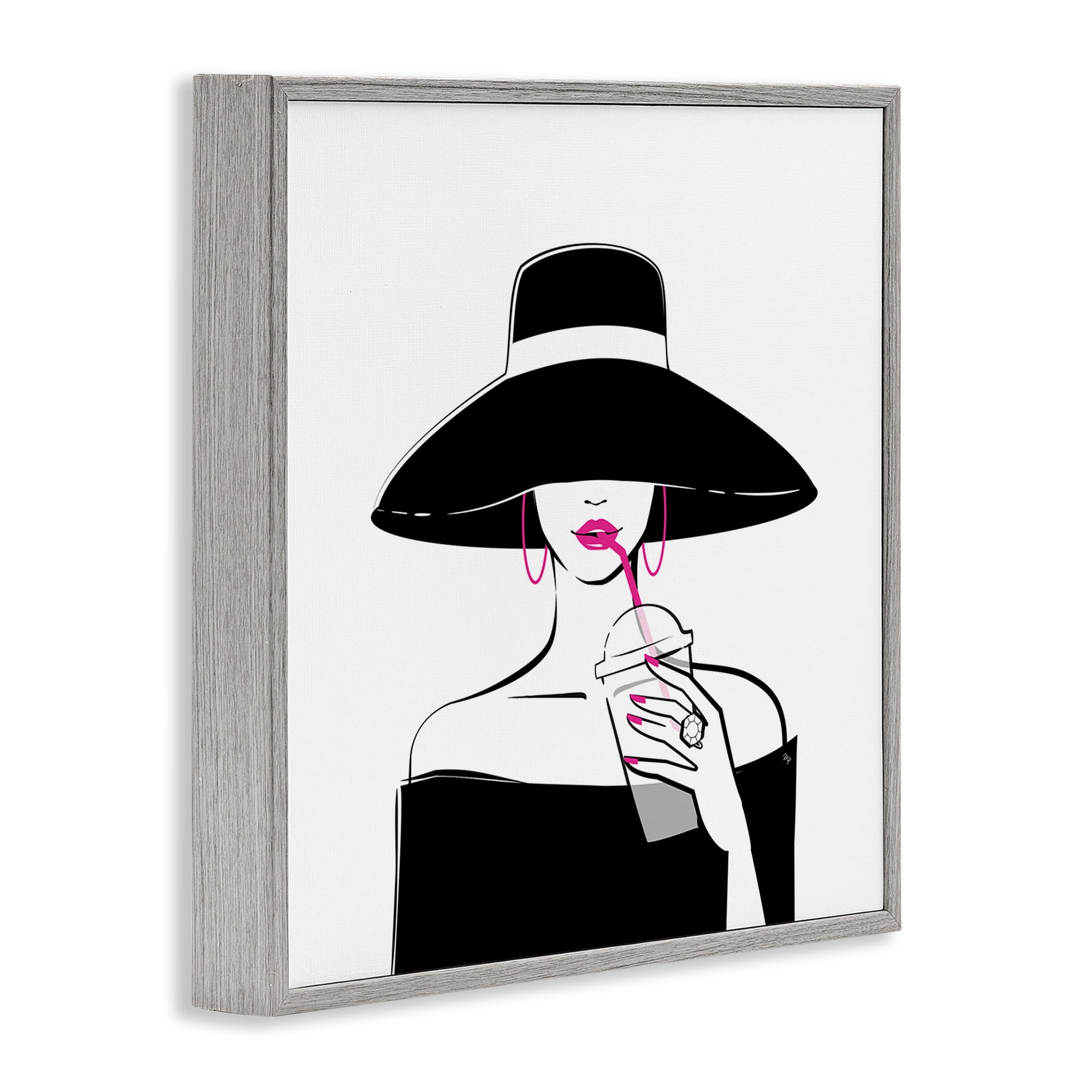 Stupell Industries Chic Black Hat Sipping Coffee Gray Framed Giclee Art, design by Martina Pavlova