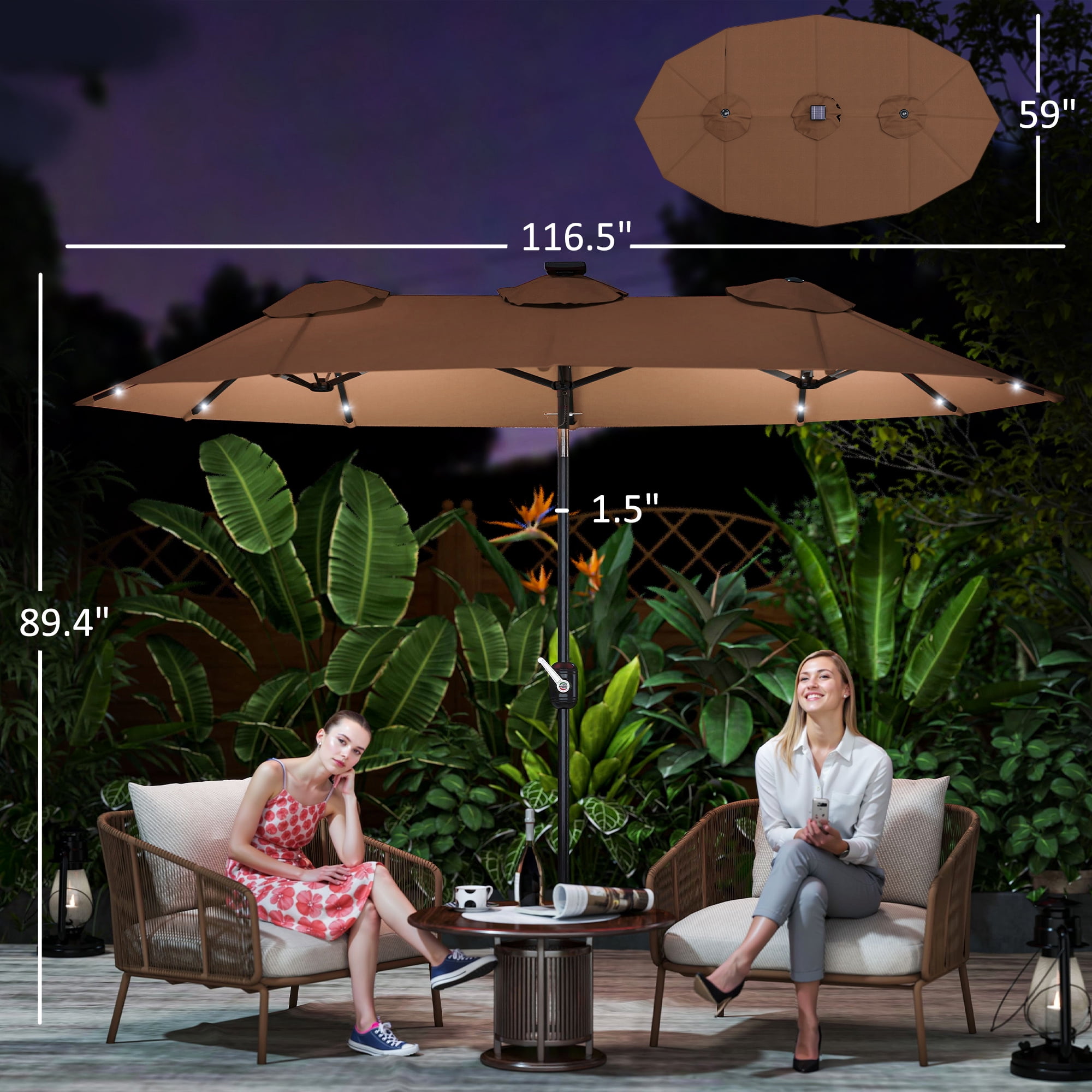 Outsunny 9.7 ft. Double-sided Patio Umbrella with LED Solar Light, 45-Degree Tilt and Crank, Outdoor Umbrella, Coffee