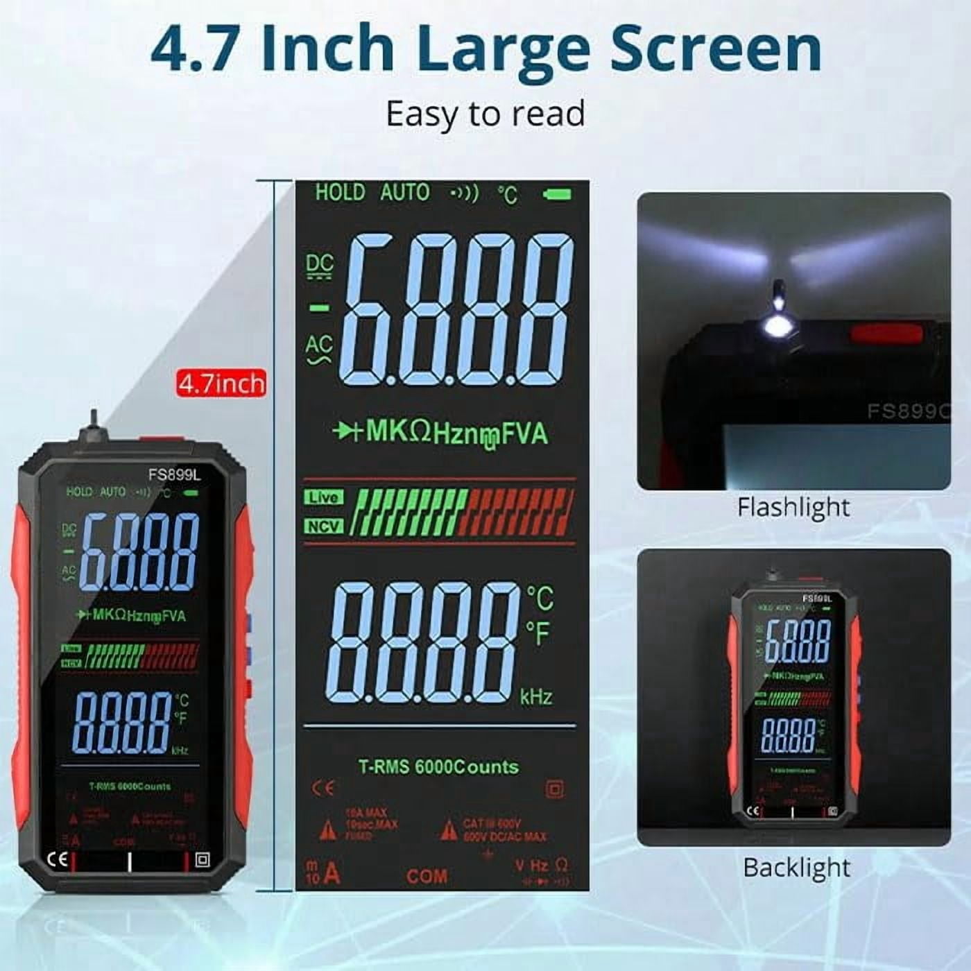 2026 USB Rechargeable Digital Multimeter 6000 Counts Large Color Screen & Backlight FS899L Smart Auto Ranging Multimeter True RMS Digital Voltmeter Multi Meter Digital Tester for Automotive Home