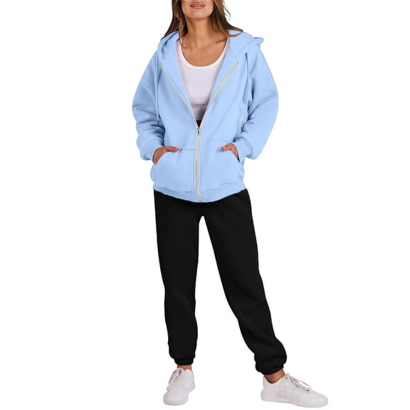 qolati Lounge Sets for Women 2 Piece Outfits Sweatsuit Fall Zip Up Sweatshirts Jackets and Jogger Pants Matching Sweat Set Tracksuits Light Blue XXL 12