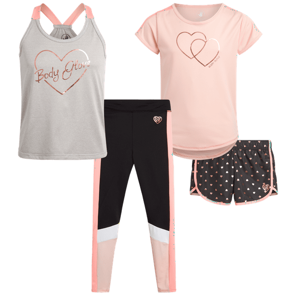 Body Glove Girls’ Active Shorts Set 4 Piece TShirt, Tank Top, Bike