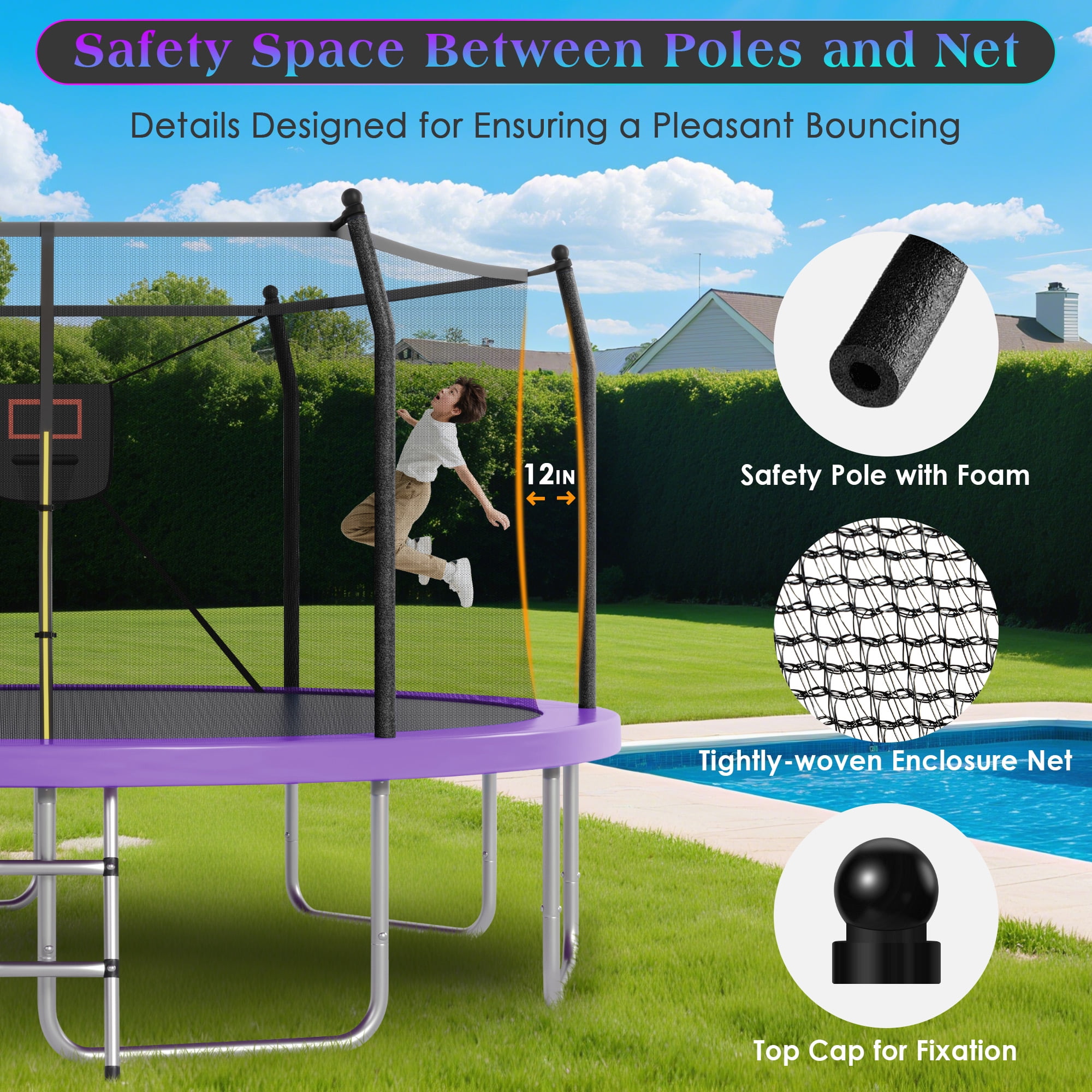 EUROCO 16FT Trampoline for 5-6 Kids and Adults with Lights, Basketball Hoop, Enclosure Net & Ladder, Outdoor Round Trampoline, Easy to Assemble