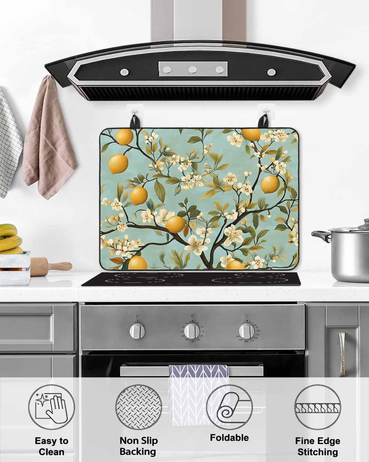 nqOlkjepod Large Induction Cooktop Protector Mat 24"x21", Flower Lemon Stove Top Covers for Electric Stove, Spring Summer Watercolor Leaves Plant Stove Burner Cover Mats, Glass Top Stove Cover