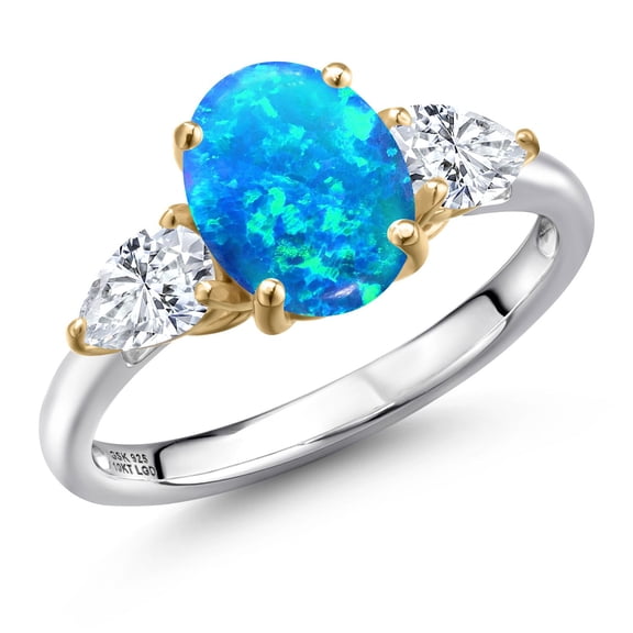 Gem Stone King 925 Silver and 10K Yellow Gold Simulated Blue Opal and White Moissanite Engagement Ring for Women | 1.36 Cttw | Oval Cabochon 9X7MM | Gemstone October Birthstone | Size 8