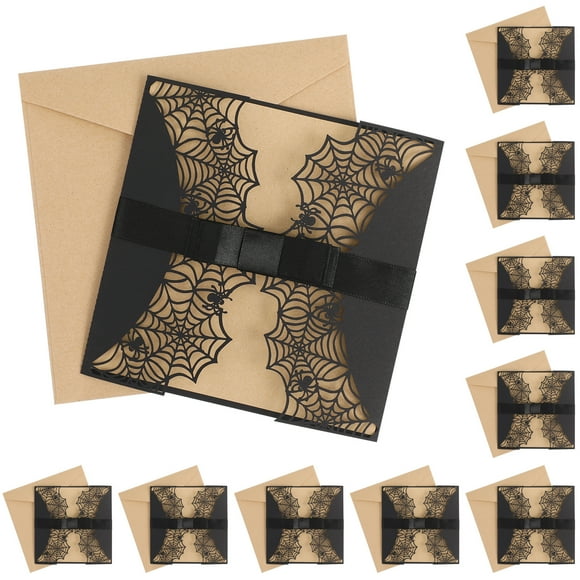 SHISUYAN 10pcs Halloween Invitations Hollow Horror Party Invitations Cards Spiderweb Design Cards with Bowknots (Black)