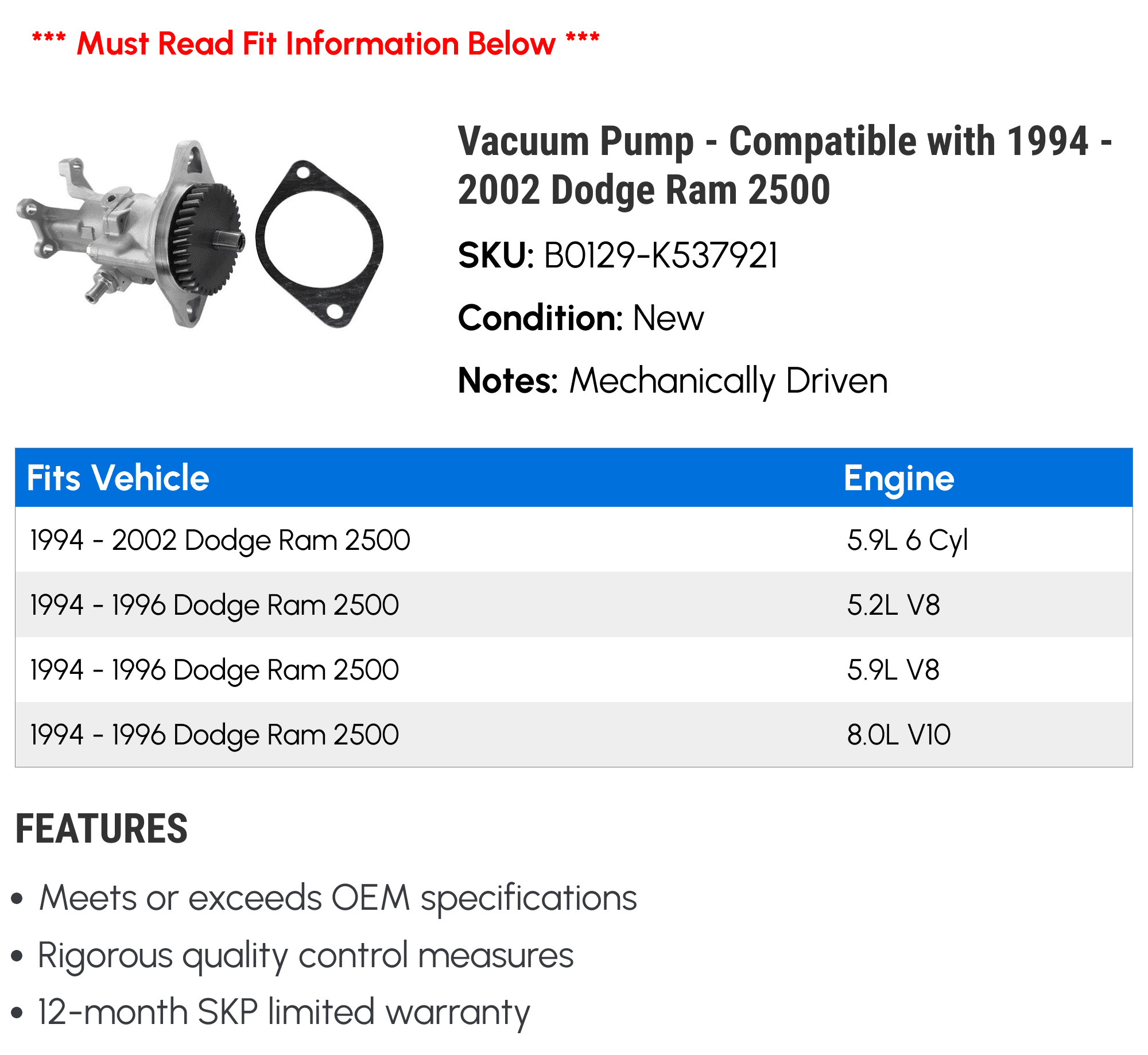 Vacuum Pump - Compatible with 1994 - 2002 Dodge Ram 2500 1995 1996 1997 1998 1999 2000 2001