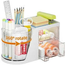 Marbrasse Desk Organizer with 2 Drawer, 360°Rotating Pen Holder for Desk, Desk Organizers and Accessories with 6 Slots Pencil Organizer   2 Drawer，1 Pack (White)