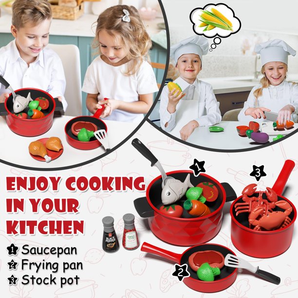Lehoo Castle Accesorios De Cocina De Madera Para Niños – Set De 13 Piezas Con Ollas, Sartenes Y Verduras Recortables – Juguete Montessori Para Cocinitas Infantiles