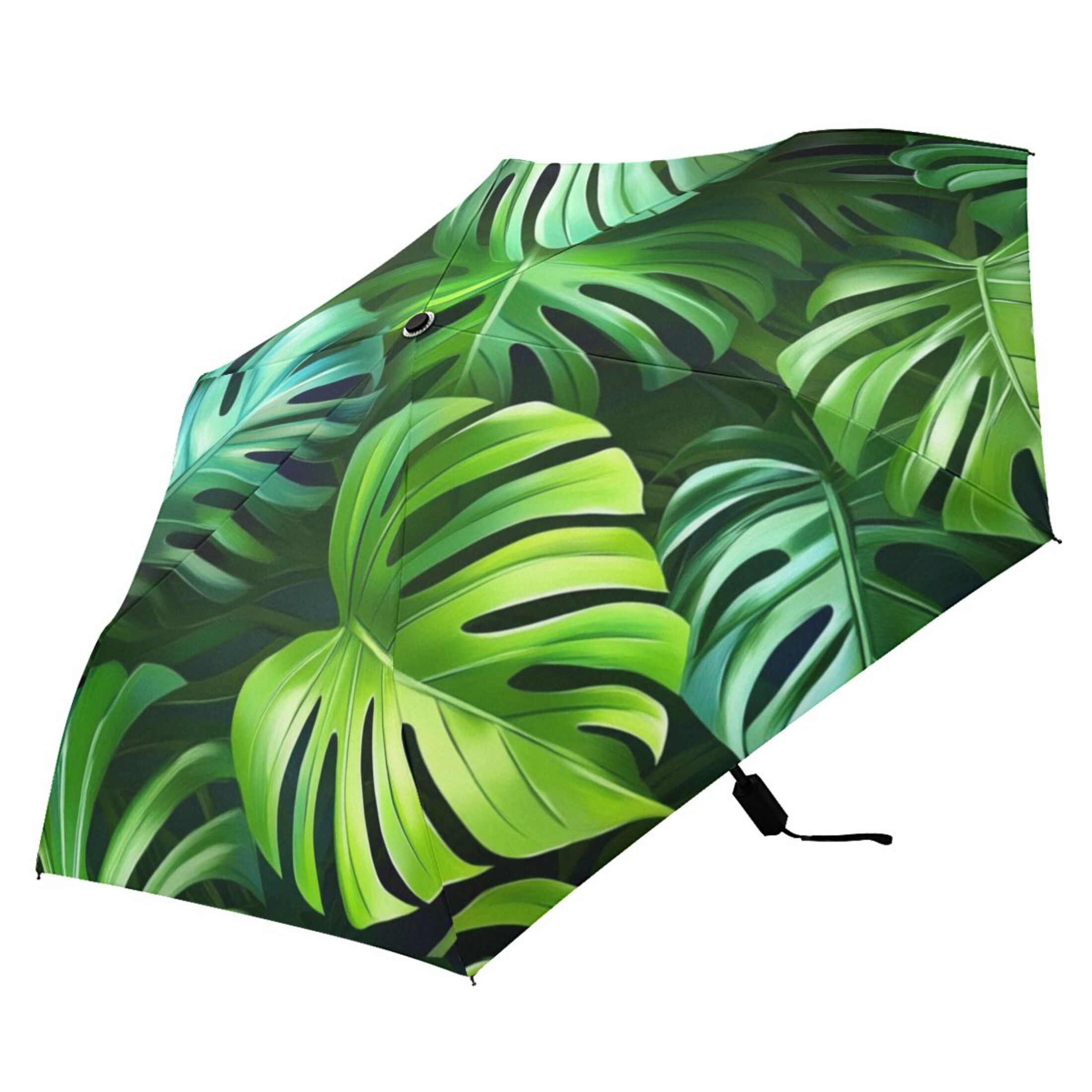 Green Tropical Leaves All Weather Umbrella Triple Folding Parasol 6 Ribs UV Protection Portable
