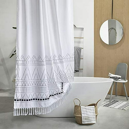 Boho Fabric Shower Curtain 84 Inch, White Shower Curtain With Tassels