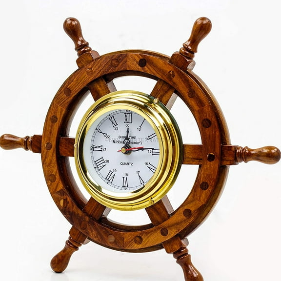 Nagina International, Deluxe Class Wood and Brass Ship Wheel Clock 12" - - Nautical Home Decorating