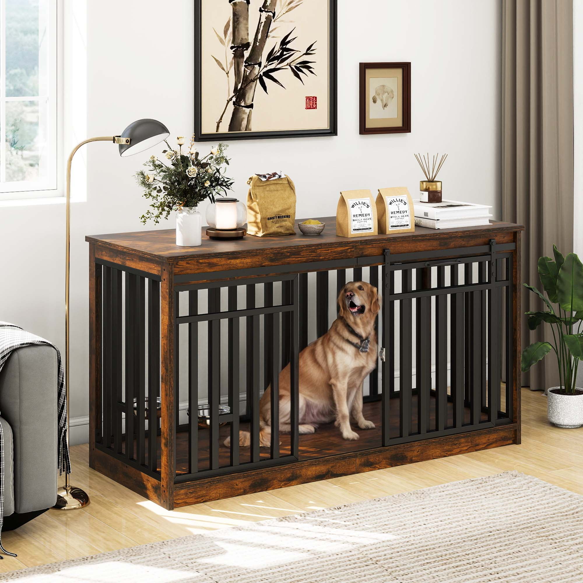 Craftian 55.1 Inch Dog Crate Furniture with Sliding Doors, Large Wooden Indoor Dog Kennel Dog Cage Table with 2 Dog Bowl for Medium Extra Large Dogs