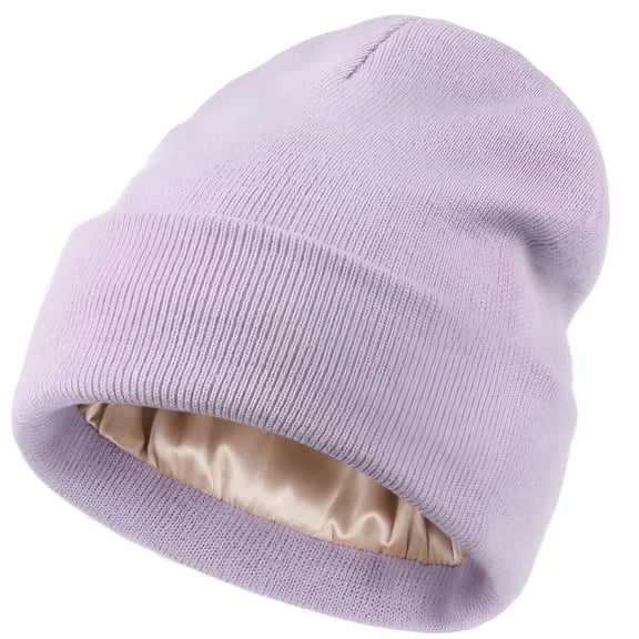 TELOLY Women Knit Beanie Hat Acrylic Winter Hats Silk Lining Soft Slouchy Warm Cuffed Beanie Hat Lavender Purple
