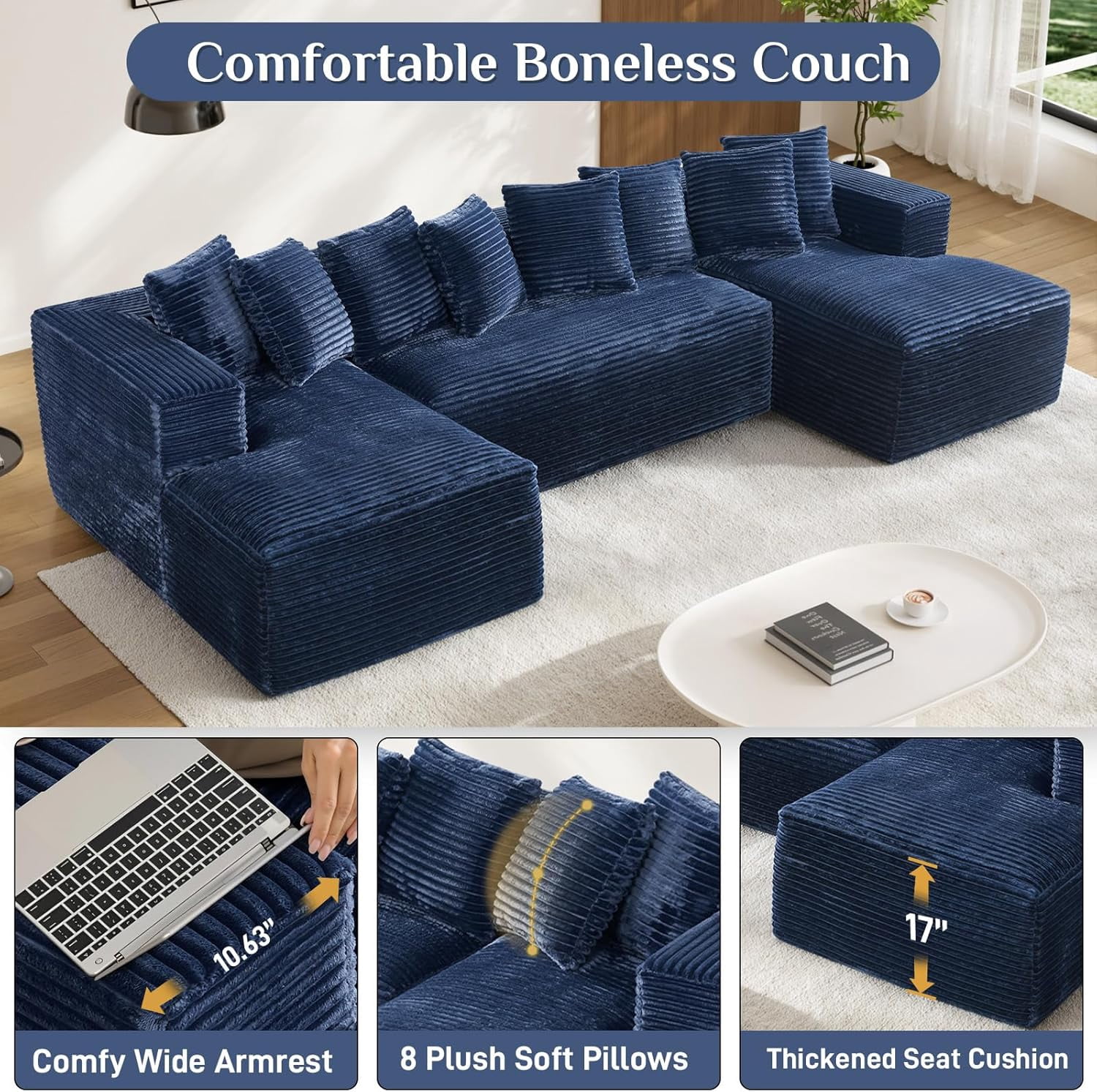 Wiilayok U Shaped Sectional Sofa,Modular Cloud Corduroy Sofa Couch with Extra Deep Seat for Living Room Sofa, No Assembly, Blue