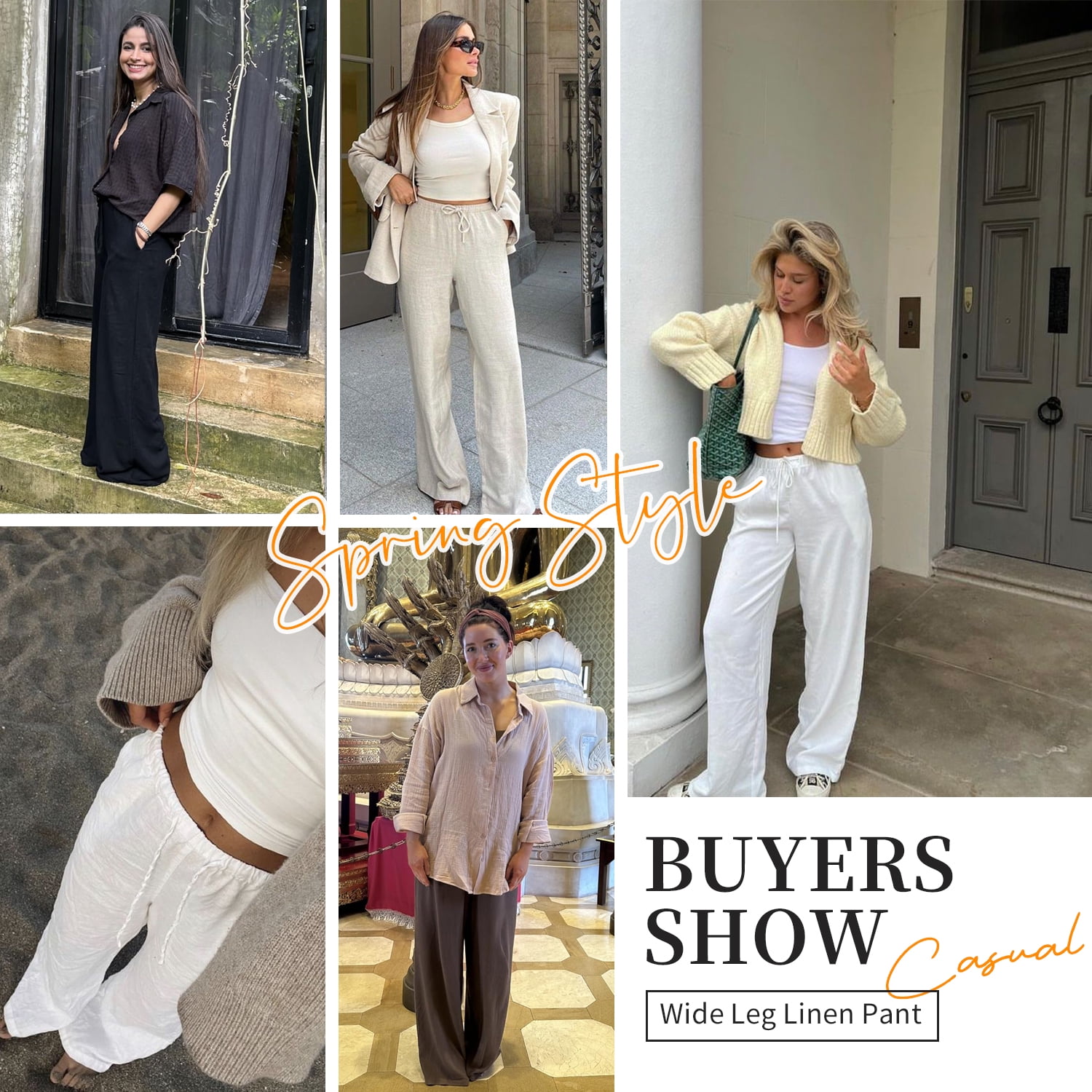 TEMOFON Pants for Women Wide Leg Linen Pant Summer Casual Palazzo Khaki Flowy Pants with Pocket Drawstring Loose Lightweight Pants L