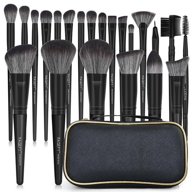 Juego de brochas de maquillaje MAGEFY, 22 unidades, sintéticas con funda de viaje, color negro