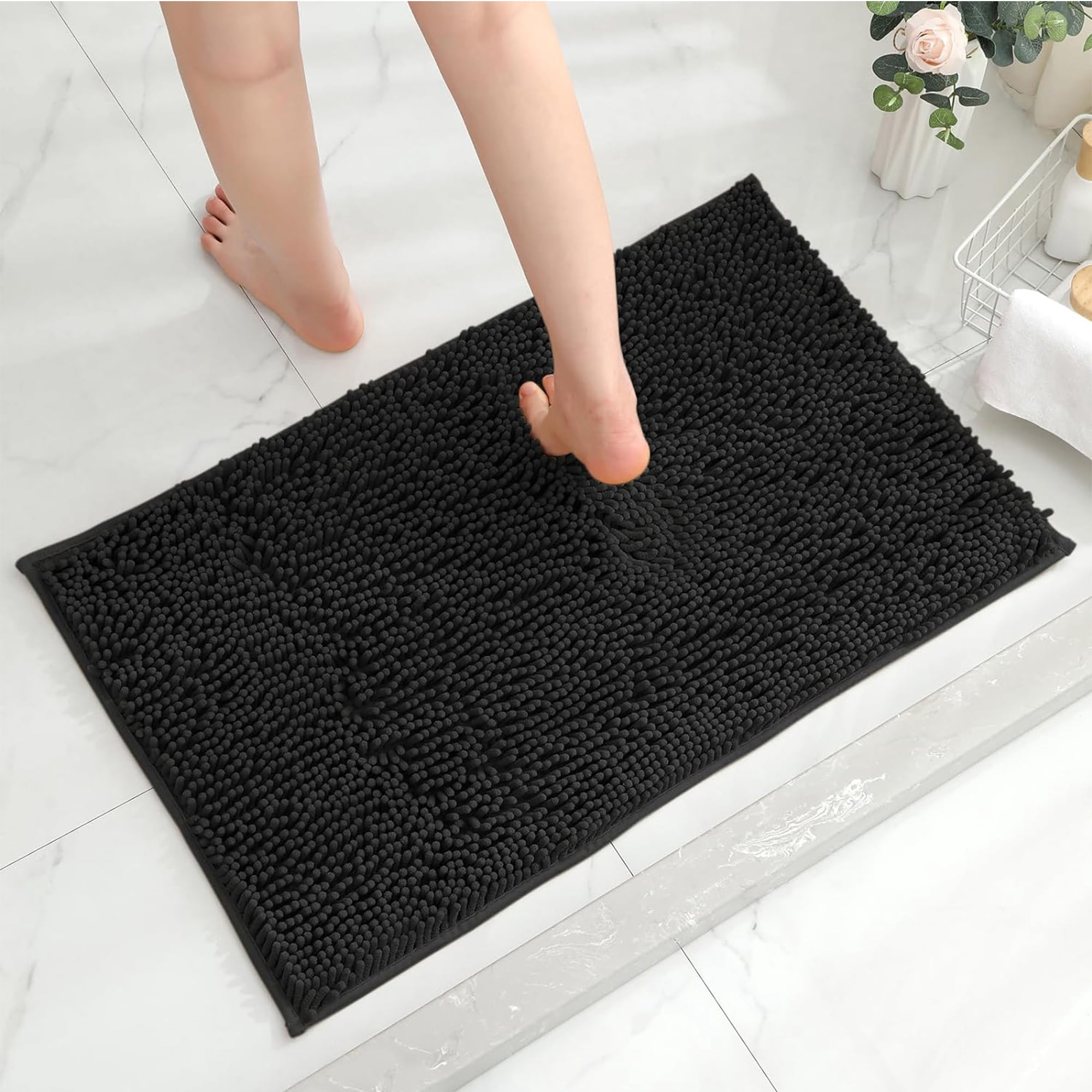 Furrygo Black Chenille Bathroom Rugs, Thick Soft Absorbent Bath Rugs, Machine Washable Bath Mats for Bathroom Floor, Tub and Shower