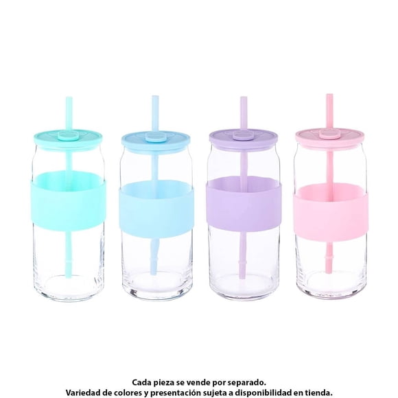 Vaso My Shop de Vidrio con Tapa, Popote y Agarradera de Silicona para Bebidas Frías de 600 ml.