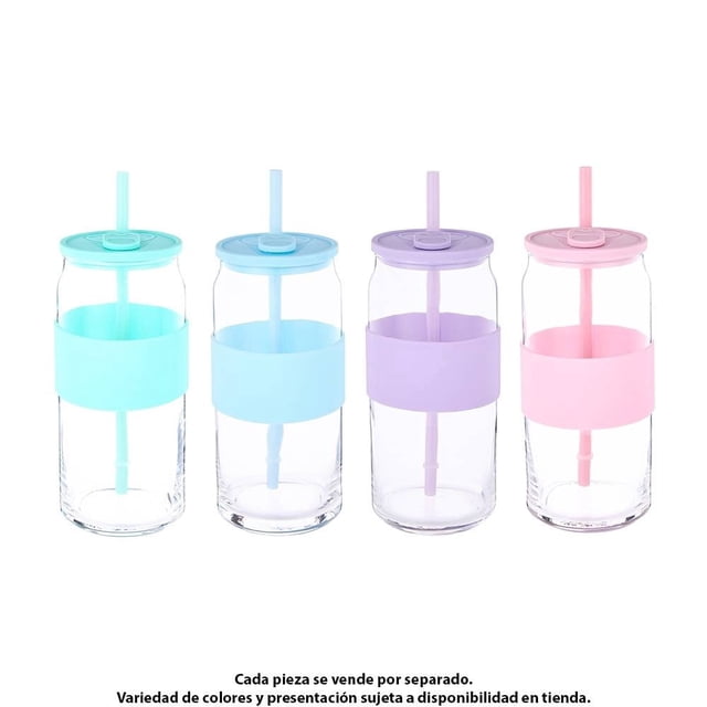 Vaso My Shop de Vidrio con Tapa, Popote y Agarradera de Silicona para Bebidas Frías de 600 ml.