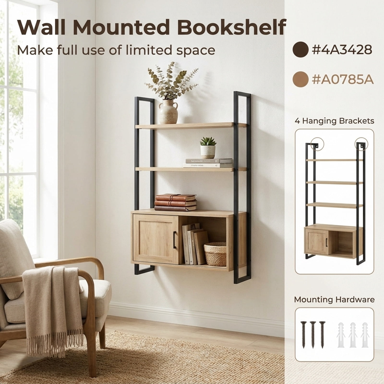 Furnibear Tall Ladder Shelf with Storage Cabinet Narrow Wall Mounted Ladder Bookcase for Living Room Home Office Bedroom Display Storage, Natural