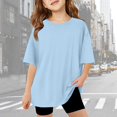 thumbnail image 2 of Girls Shirts Size 7-8 Short Sleeve Casual Round Neck Fashion Cute Print T-Shirt Soft and Comfortable Oversized Pullovers(Solid, A01-Light Blue, 7-8 Years), 2 of 6