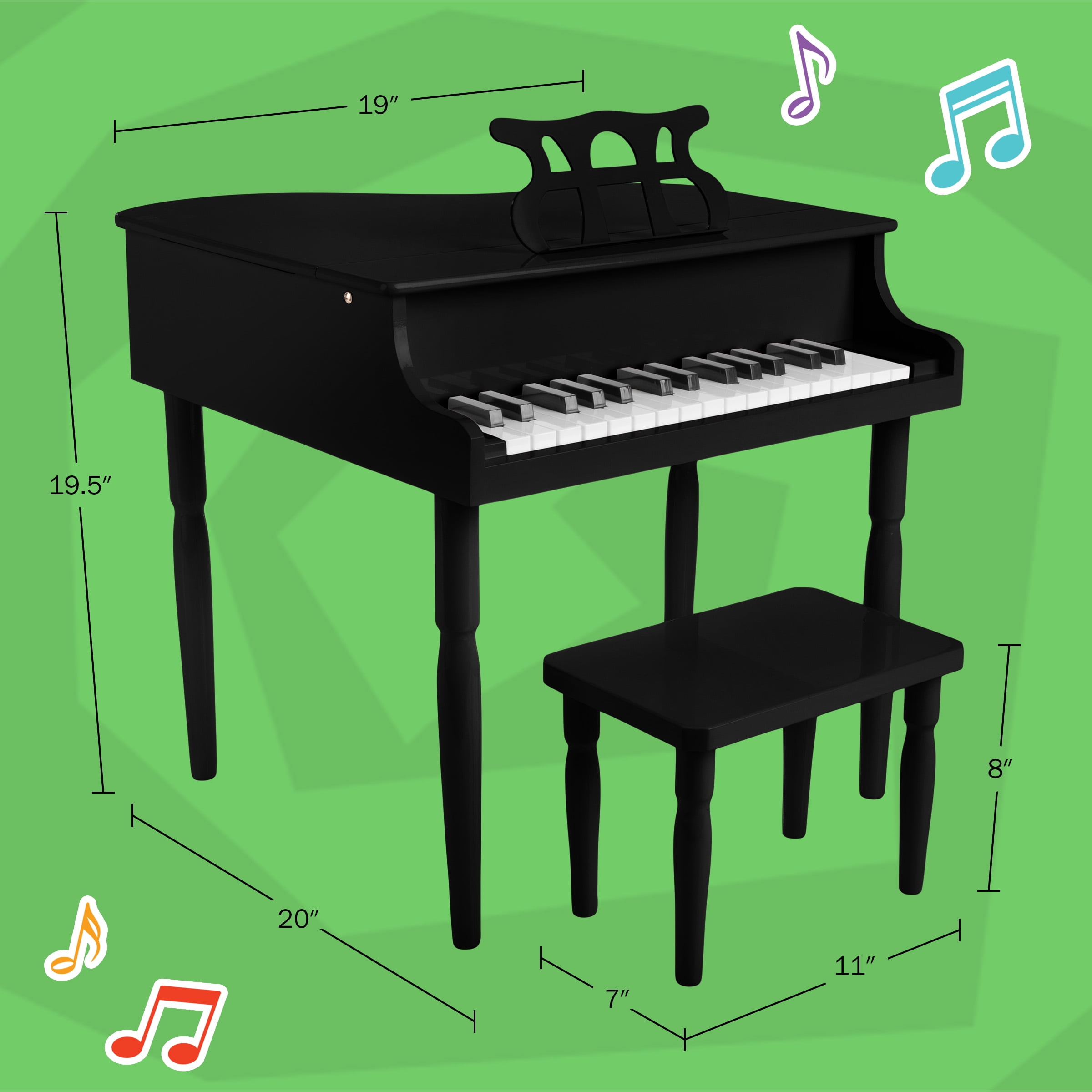 Hey Play Kids Piano - 30 Key Mini Grand Piano with Music Stand and Bench