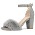 thumbnail image 1 of BLISSFUL STEP Women's Solid Color Faux Fur Ankle Strap Block Heels Sandals, 1 of 6