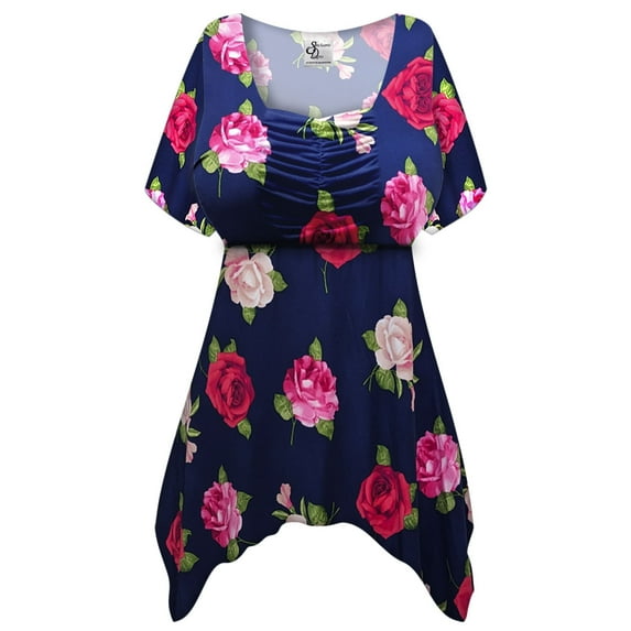 Plus size 8x Extra Tall Womens Short Sleeve Casual Rose Bloom Sea Designer Print Babydoll Tops Rouched Peplum Eclectic T-Shirts