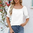 thumbnail image 2 of HAPIMO Women's Trendy Cotton Linen Loose Tops Clearance Square Neck Pullover for Teen Girls Solid Color Ruched Summer Tees Elegant Casual Relaxed Blouses Short Sleeve White XL, 2 of 5