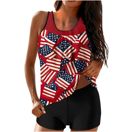 Enjoytime 4Th Of July Swimsuit For Women 2024 Conservative Print Strappy Back Set Tankini Top With Boyshorts Two Piece Bathing Suit Tummy Control Swimwear On Clearance