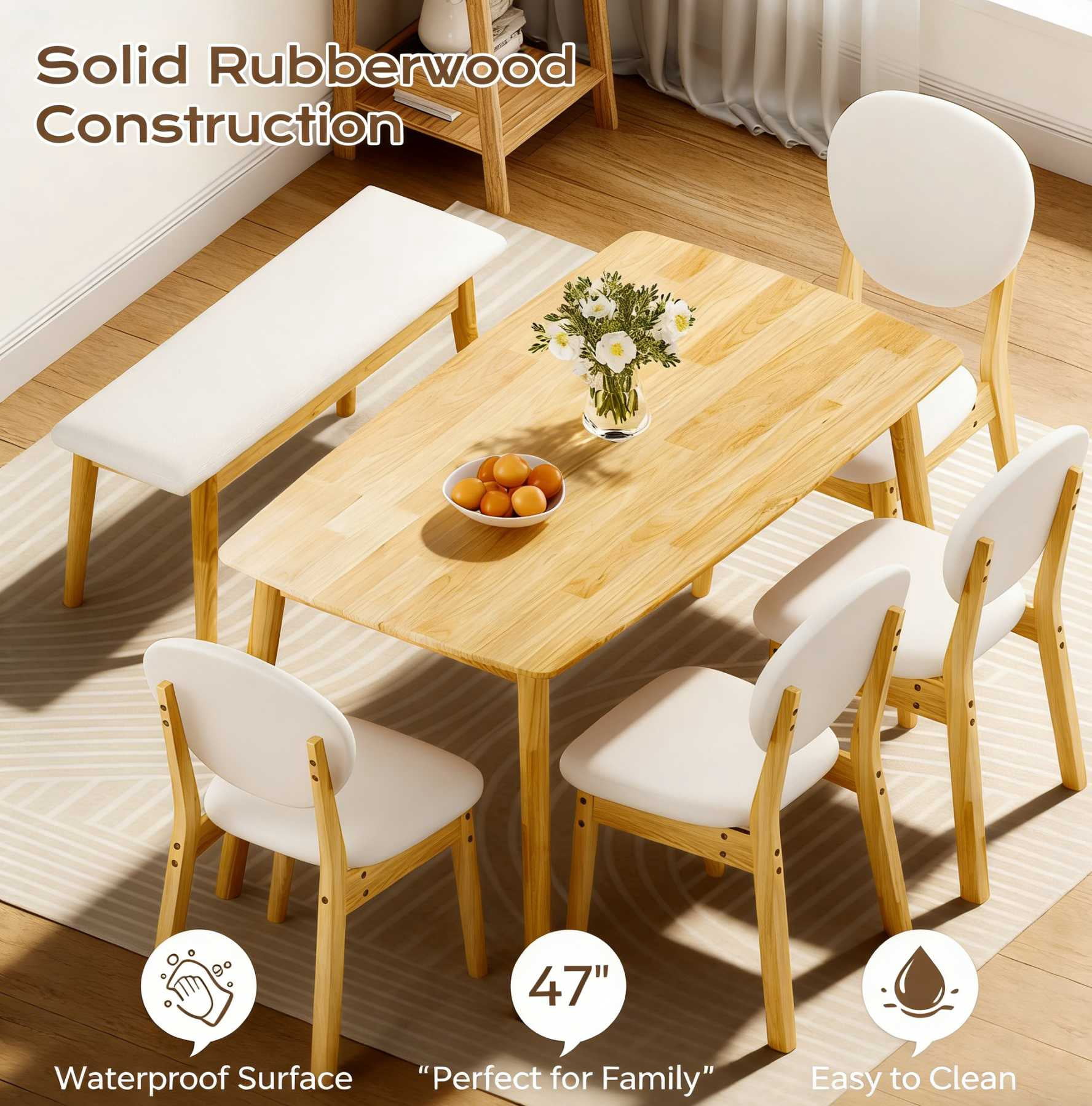 Ktaxon Solid Wood Dining Table Set for 6, Mid-Century Dining Room Table with 4 Padded Chairs & Bench, 47.3" Dining Room Set for 4~6 Family Use, Natural Wood