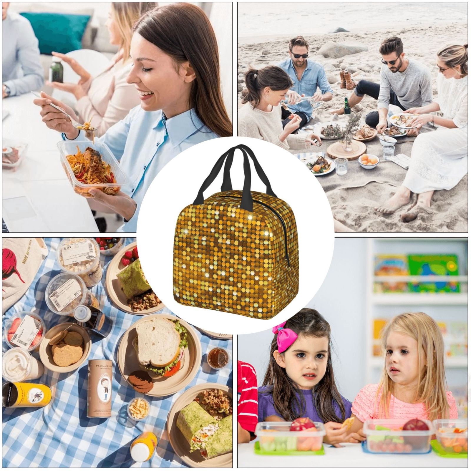 Naloa Bright Shiny Golden Print Lunch Box for Women Men,Insulated Lunch Bag,Lunchbox,Thermal Leakproof Cooler,Reusable Lunch Tote Bag for Work School Travel Picnic