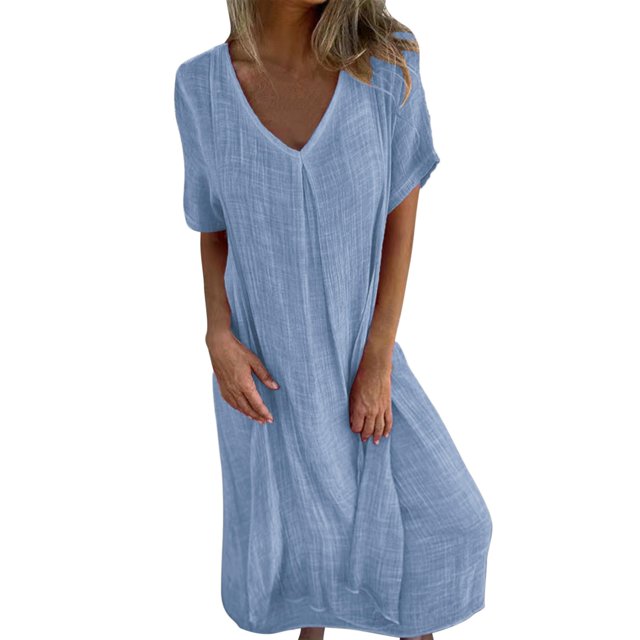 Robe Décontractée Ample à Col en V pour Femmes - Manches Longues, Couleur Unie, Style Évasé