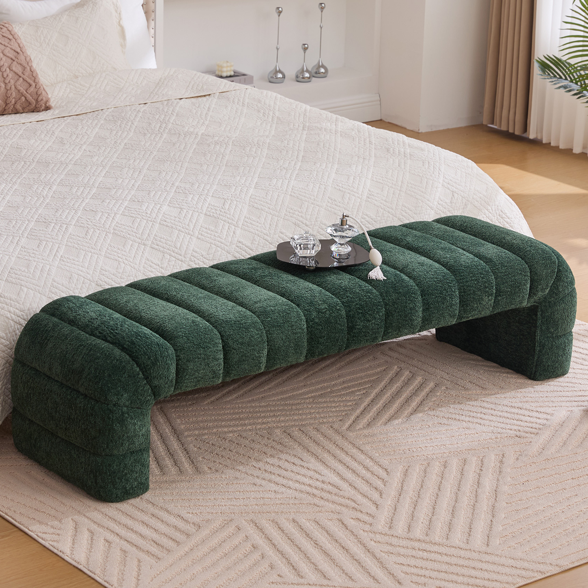 HIUU 70"Green Bench for Bedroom,Bed Benches for Foot of Bed with Streamline Design,Fabric Ottoman Bench with Soft Teddy Fabric,Modern Bedroom Benches for Living Room and Bedroom, Entryway