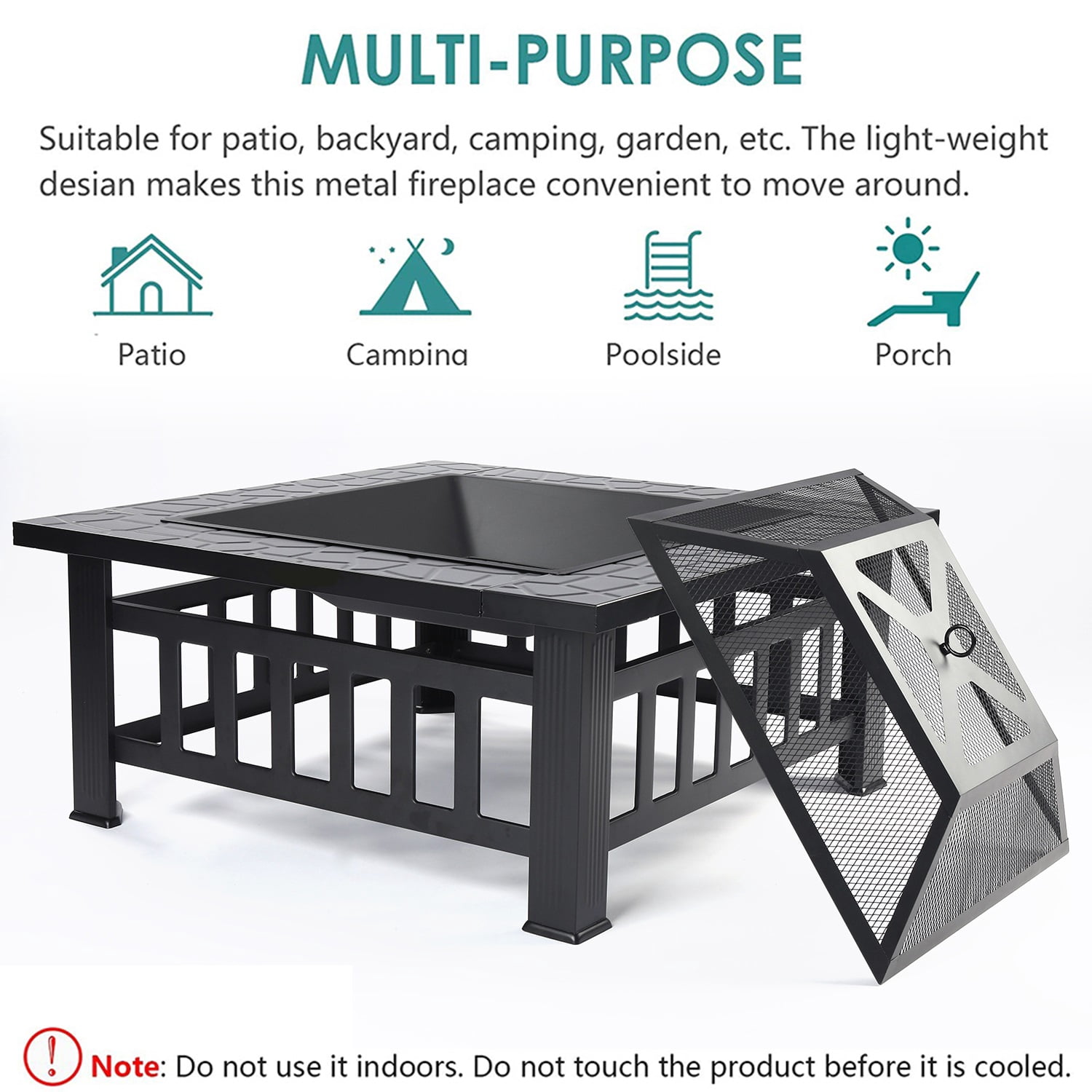 32" Deck Fire Pit for Outside, Premium Square Steel Fire Pit w/Mesh Screen Lid, Metal Fire Pit w/Poker, Multifunctional Heater/Grill/Ice Pit for Backyard Patio Garden BBQ Grill, S7044