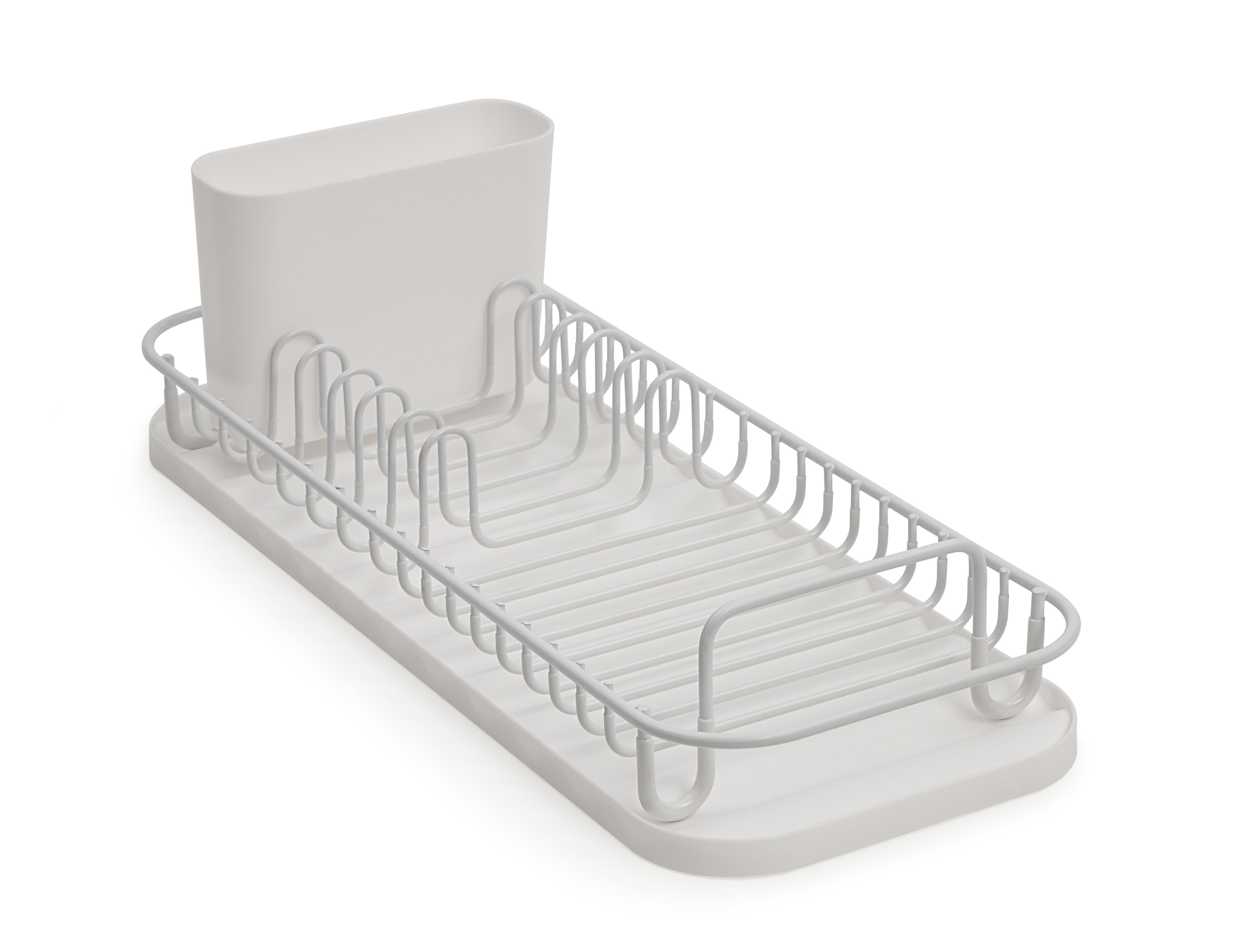 SunnyPoint 304 Stainless Steel Dish Drying Rack with Utensil Holder, Compact Countertop Dish Rack with Removable Drain Tray – White
