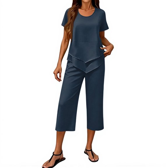 Clossjun Womens Sets Two Piece Capri Outfits Casual Trendy Fitted Crop Pants and Top Matching Suits Summer Cloths