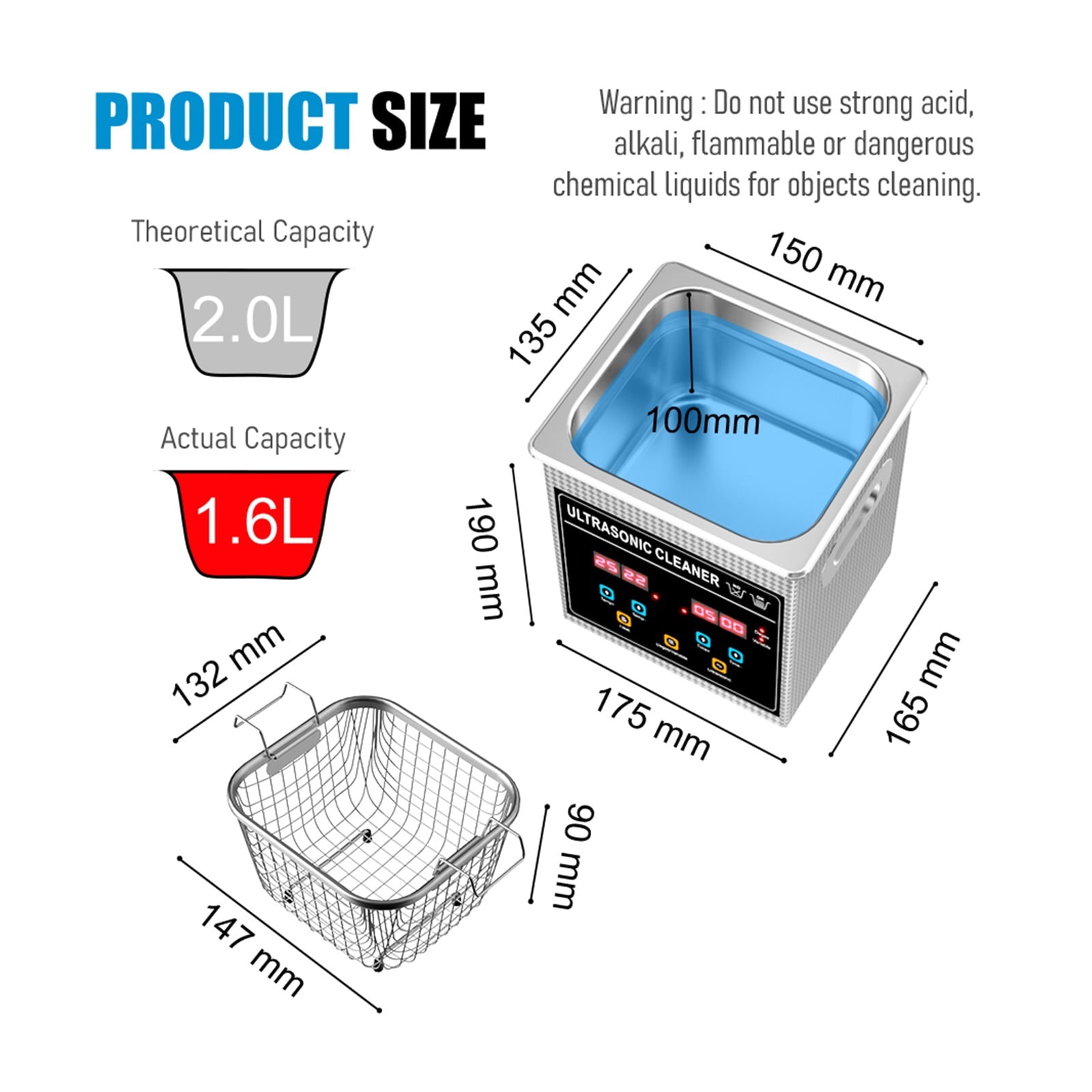 Ultrasonic Cleaner 60W 2L Household Digital Stainless Steel Basket Ultrasound Cleaning For Denture Watches Glasses