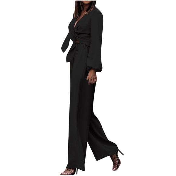 Mujeres con cuello en V Manga larga Tops Pantalones largos Dos piezas Conjunto sólido Traje casual Wmkox8yi bvn3093