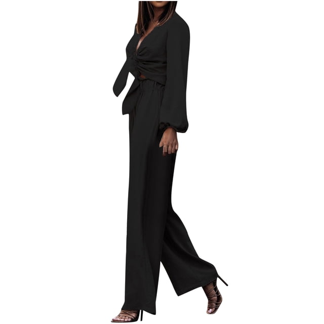 Mujeres con cuello en V Manga larga Tops Pantalones largos Dos piezas Conjunto sólido Traje casual Wmkox8yi bvn3093