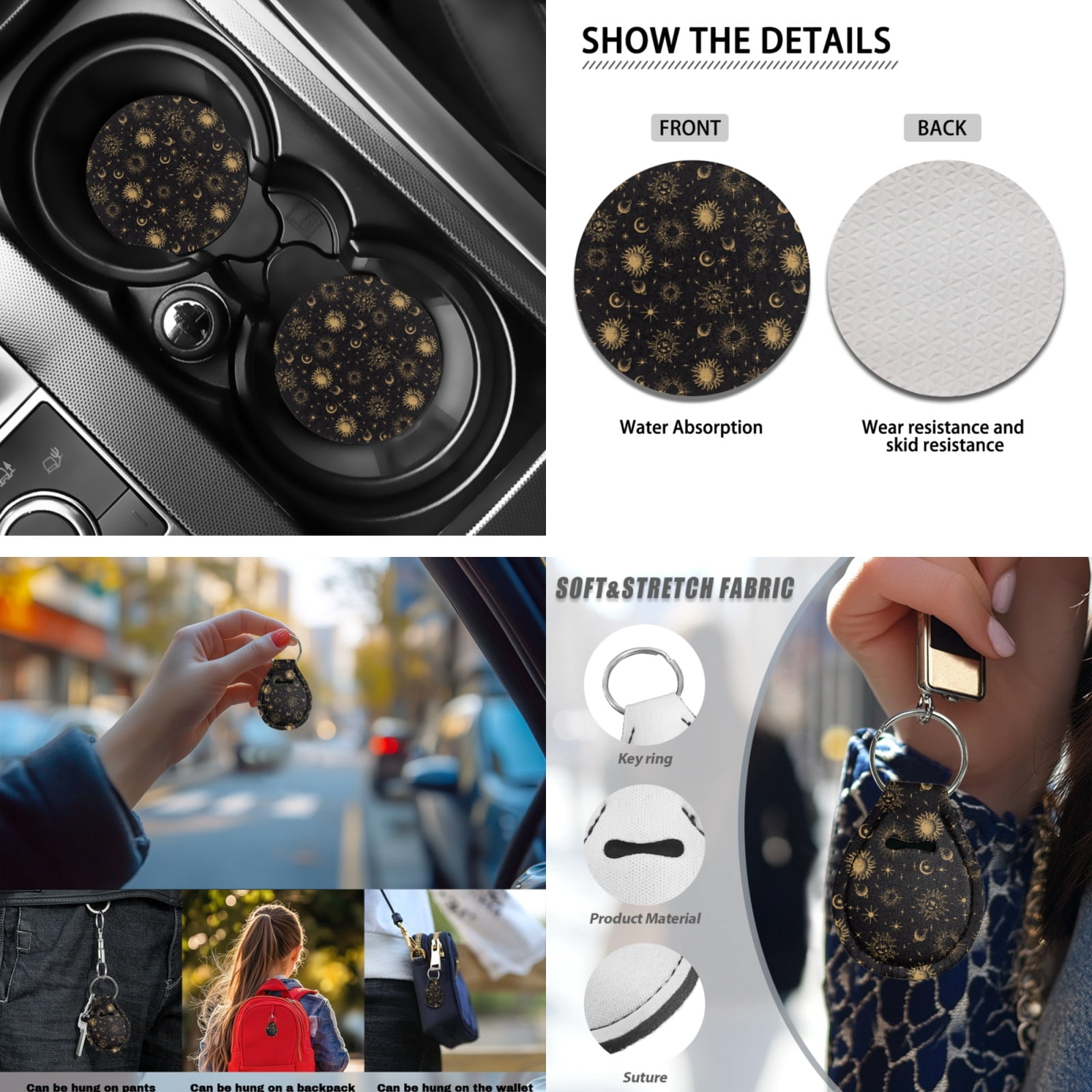 Yuyamidu Gold Sun and Moon Front Back Seat Cover Set of 13 Universal Steering Wheel Cover Seat Belt Pad Armrest Cover Pad Lipstick Sleeve Coasters Keychain Car Accessories Set