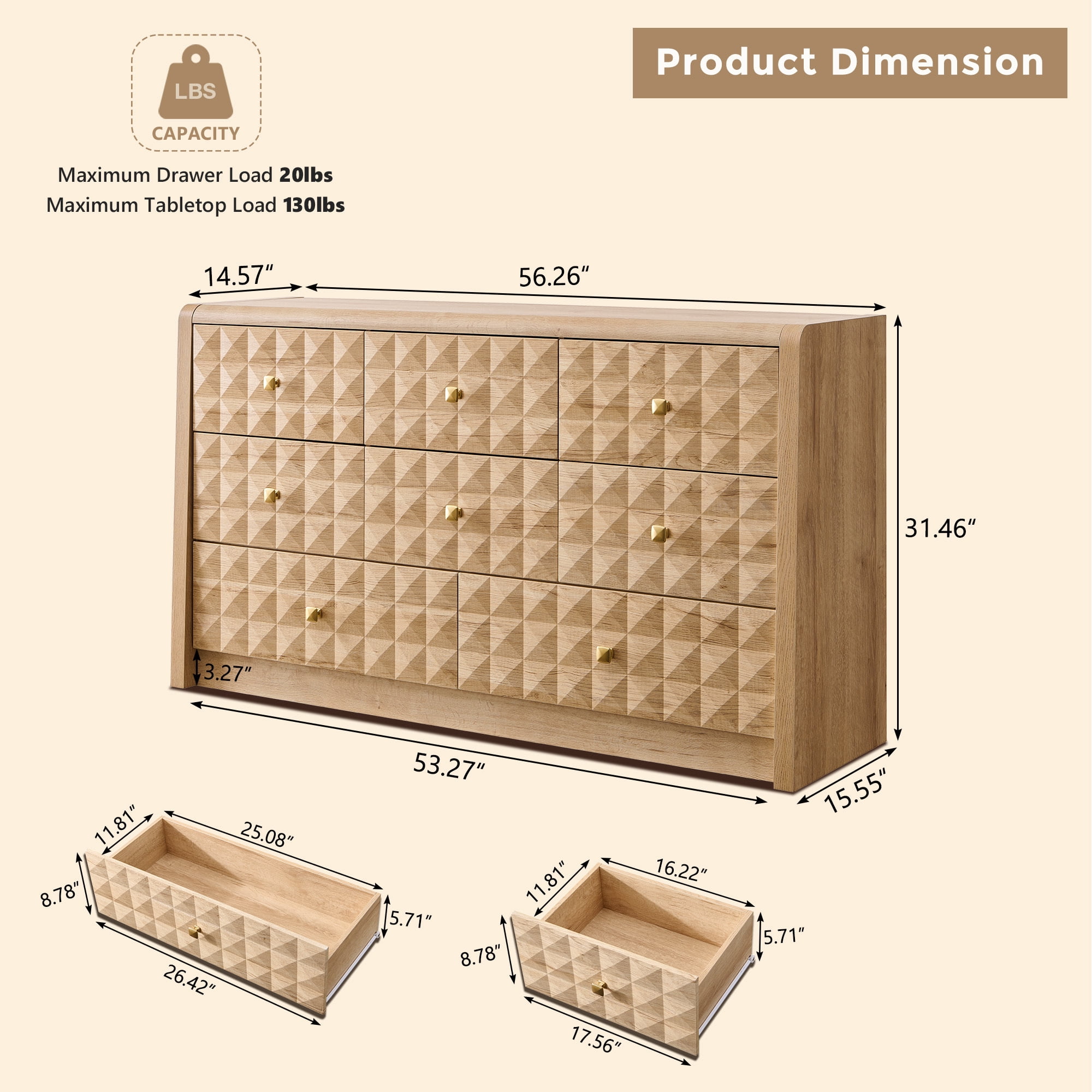 wow97e Modern 8 Drawer Dresser for Bedroom, Wooden Large Dressers & Chests of Drawers w/Diamond Panel Decorate, Natrual