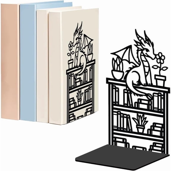 Dragon Reading Book Metal Bookends for Shelves Decorative 1 Pair Heavy Duty Books End Support Non-Skid Book Holder Black L-Shaped Book Stopper for Home Office Desk Book Divider 4.7x3.5x7 Inch Black